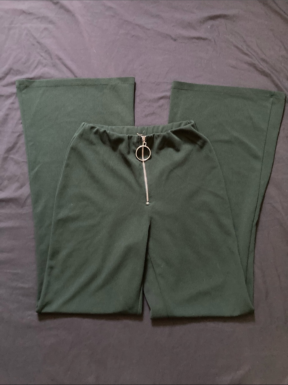 Forever 21 Y2K Green Flare Pant Stretch Waist Ring Zipper Size Small